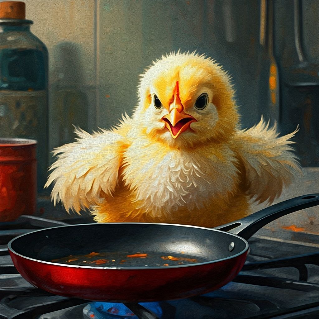 Angry Chick Confronts Empty Pan: Neo-Impressionism