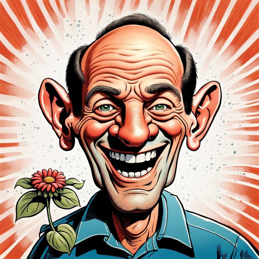 Humorous Caricature of Winking Man with Flower