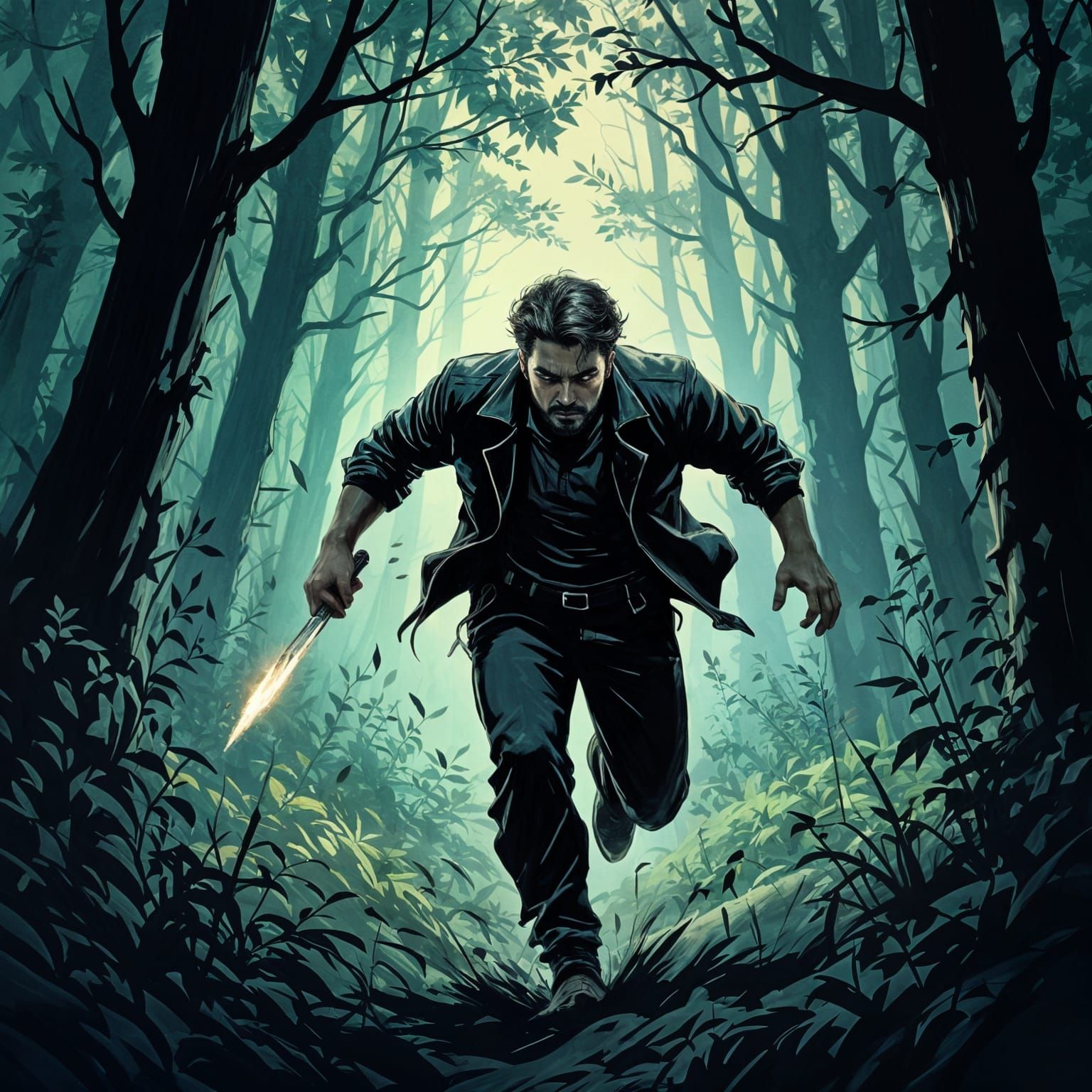 Man Running Through Forest With Knife, Illustrative Style