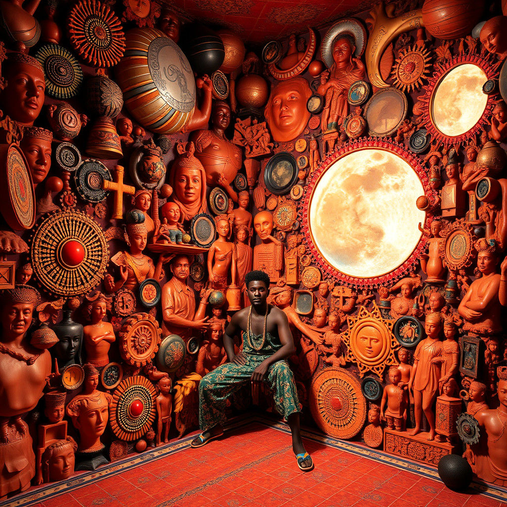 Model in Maximalist Room Radiating Orange Hues
