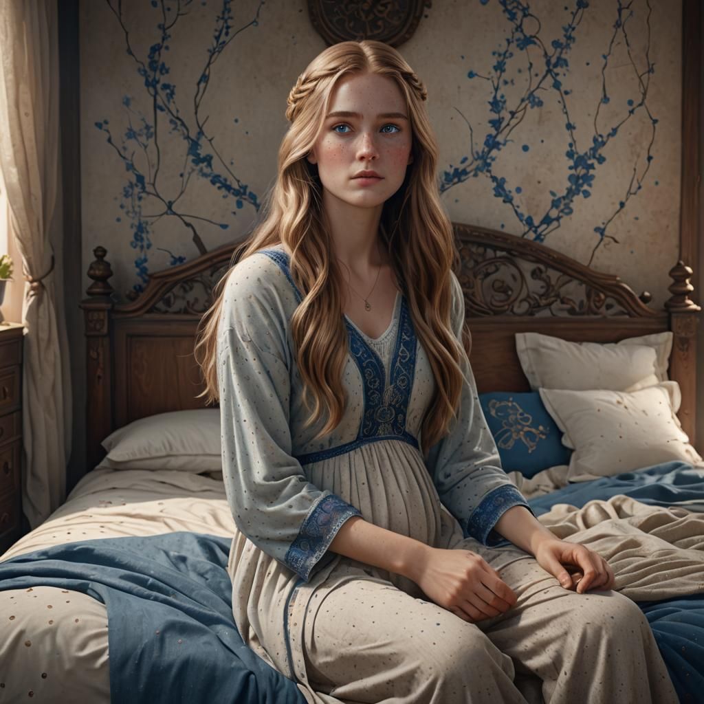 noora pregnant seated on her bed