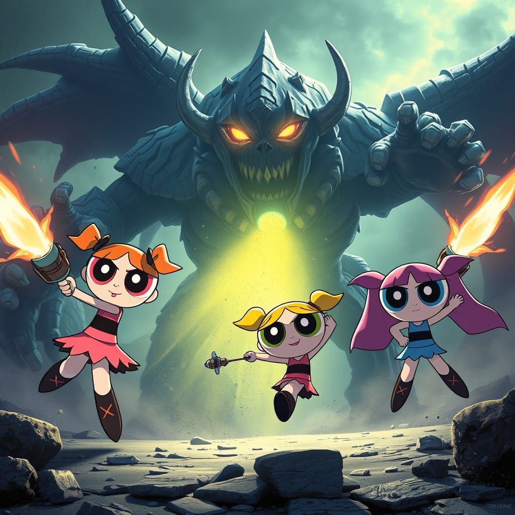 Powerpuff Girls Battle Monster with Rockets, Splash Art