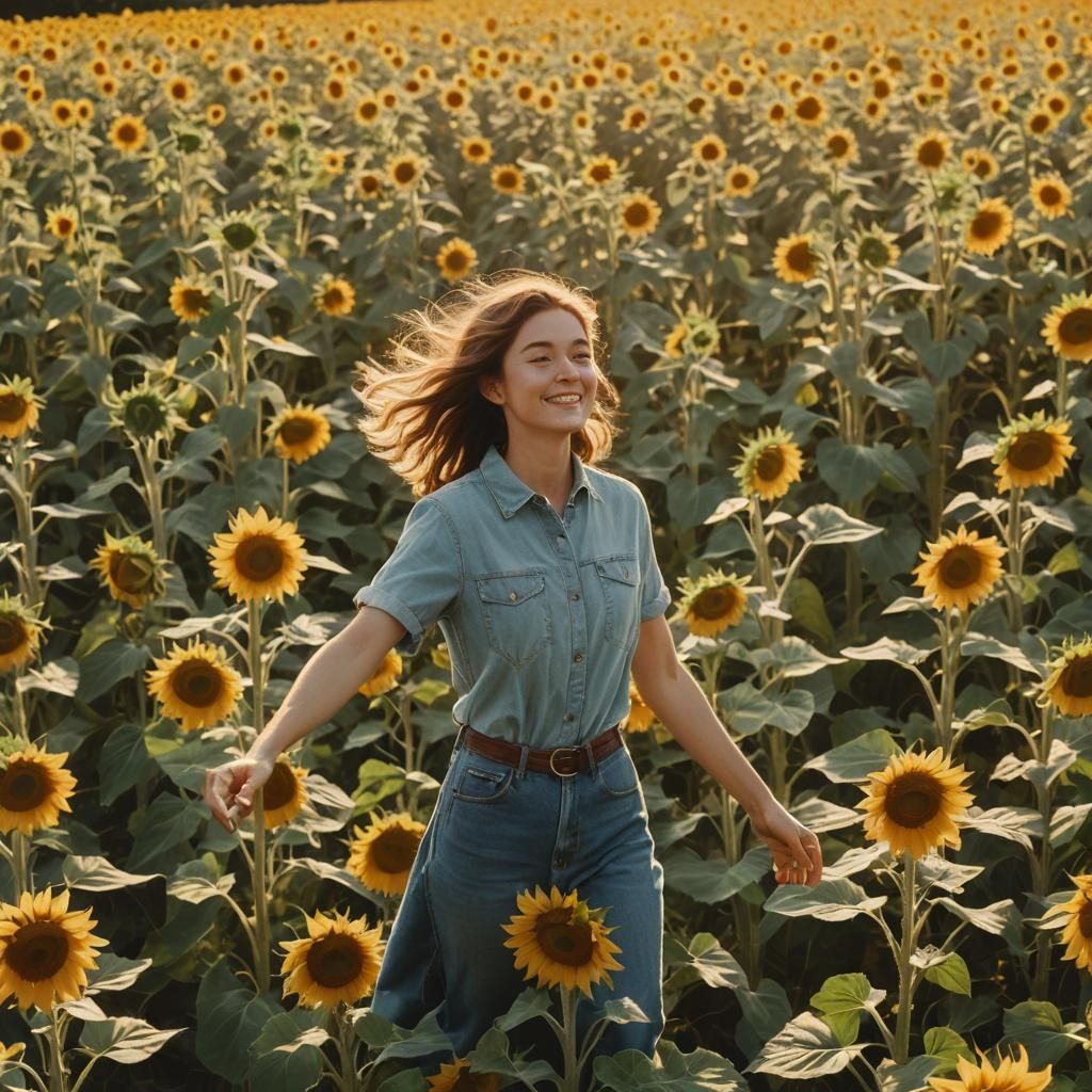 Person Spinning in a Sunflower Field, Cinematic Style