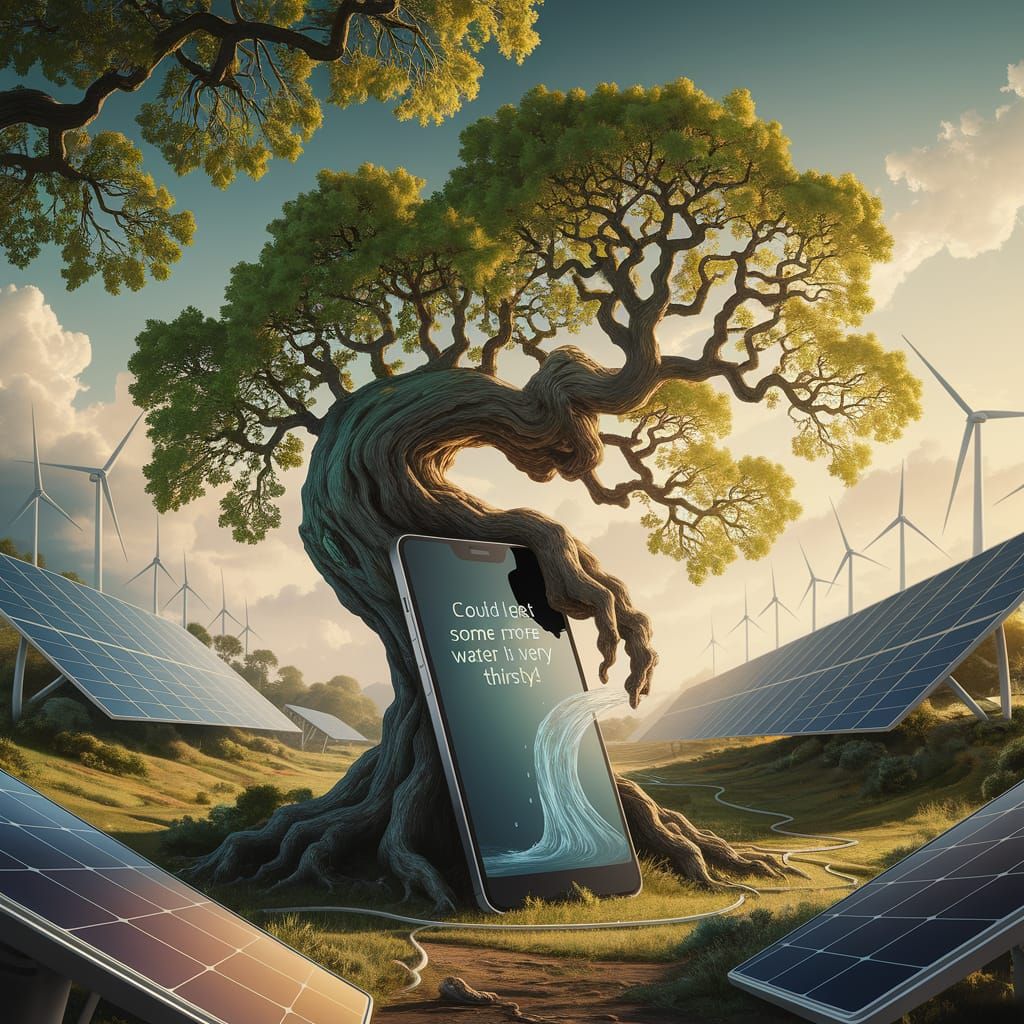 Surreal Fantasy Scene of a Talking Maple Tree with Solar Pan...