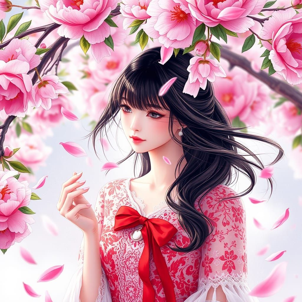 Woman Under Peony Tree in Anime Watercolor Style