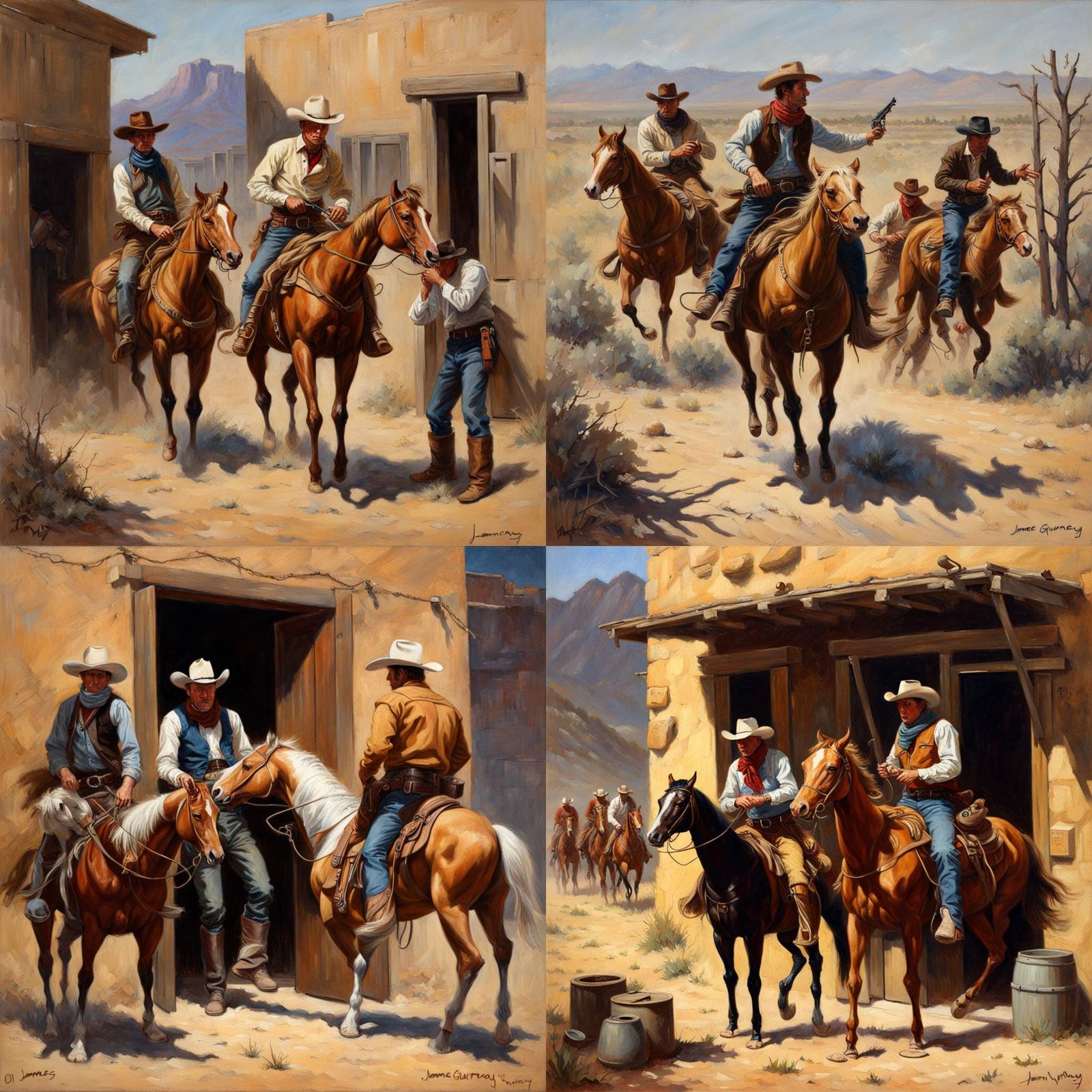 Cowboy Bank Robbery: Oil Painting in Gurney Style