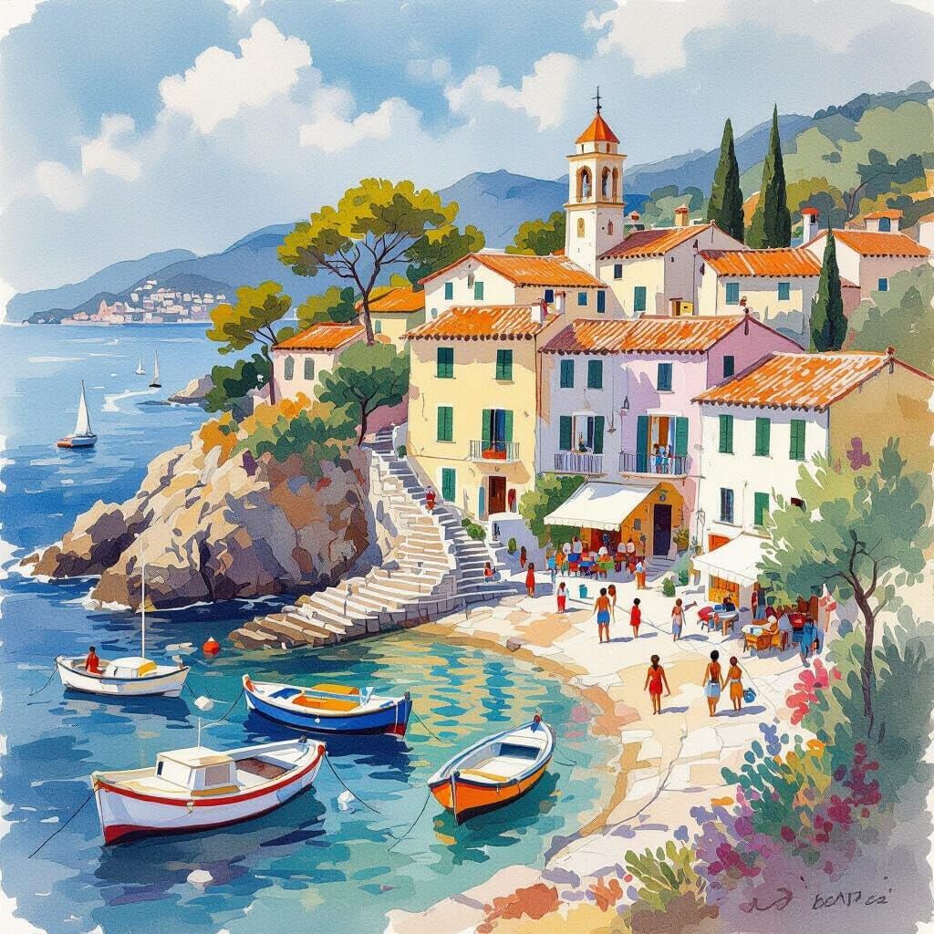 Italian Coastline Watercolor Painting with Mediterranean Hou...