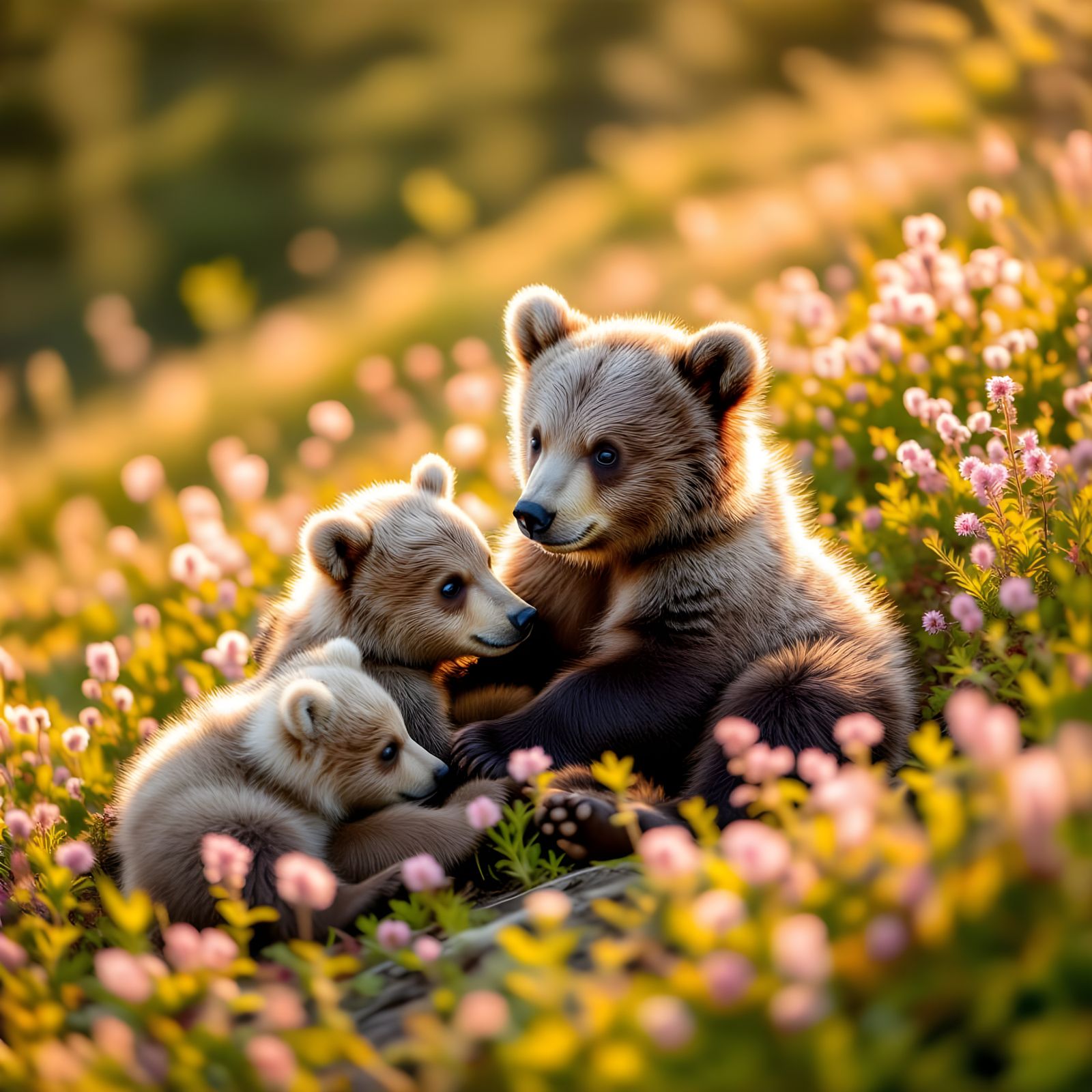 Fuzzy Bear Cubs Play on Heather Hill in Morning Light