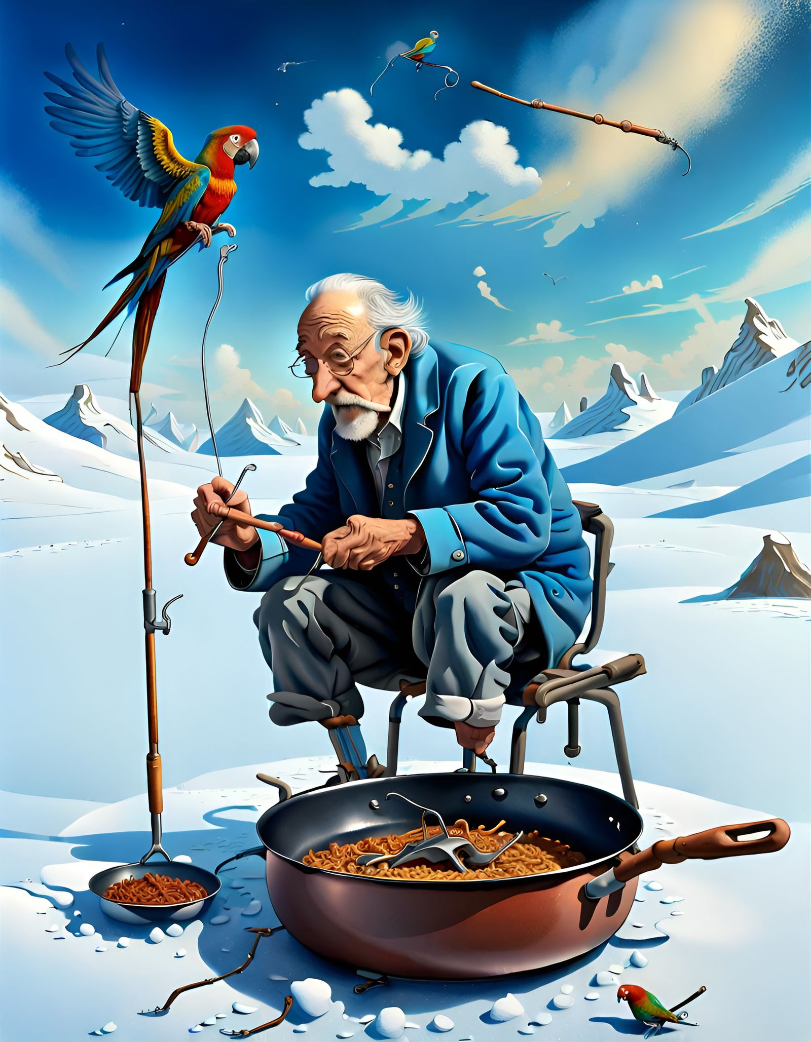 Surreal Old Man in Pan with Parrot, Digital Art
