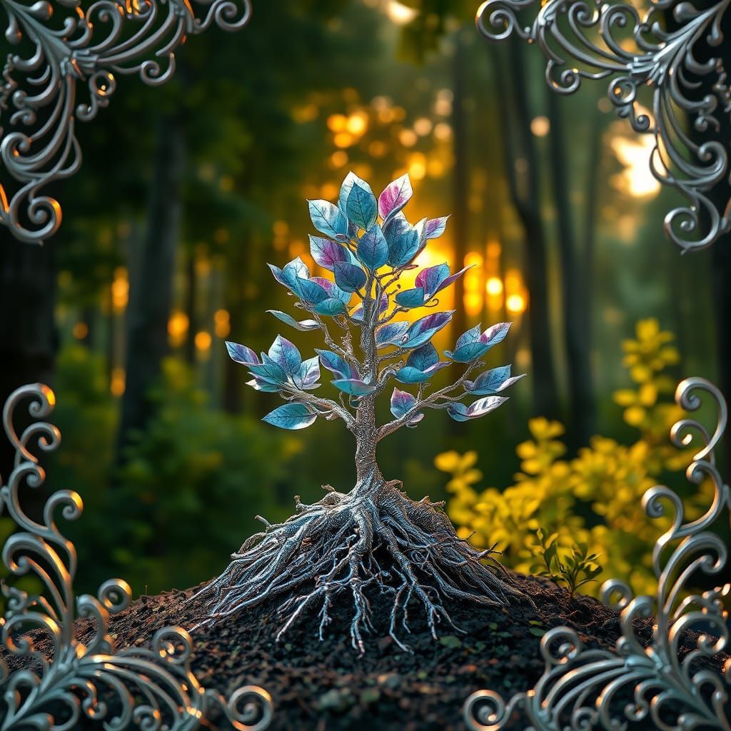 Metallic Tree in Fantasy Forest, Silver Filigree Frame