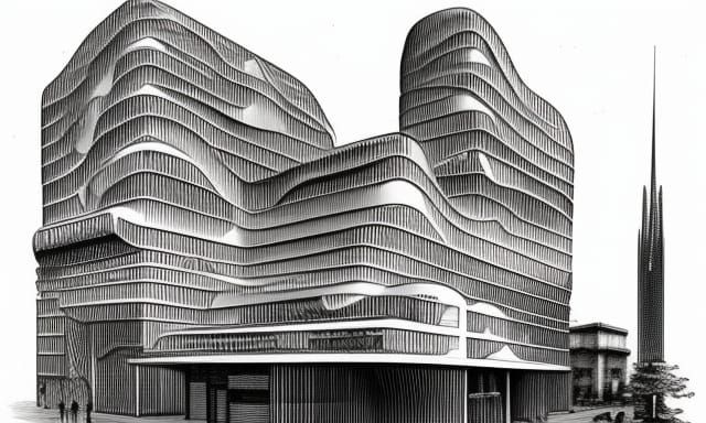 Retro-Futuristic Office Building Blueprint in 1920s Style