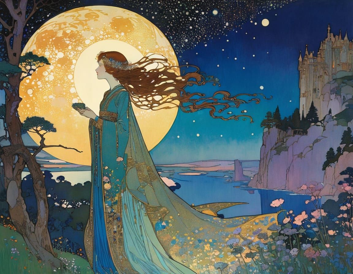 The Lady of Camelot in Whimsical Art Nouveau Style