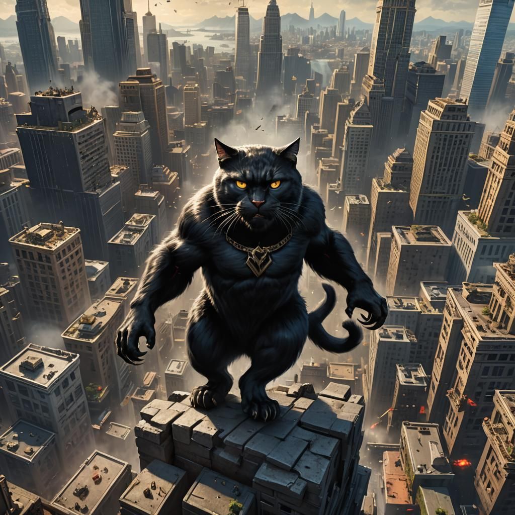 King Kong Cat Defends City: Detailed Matte Painting