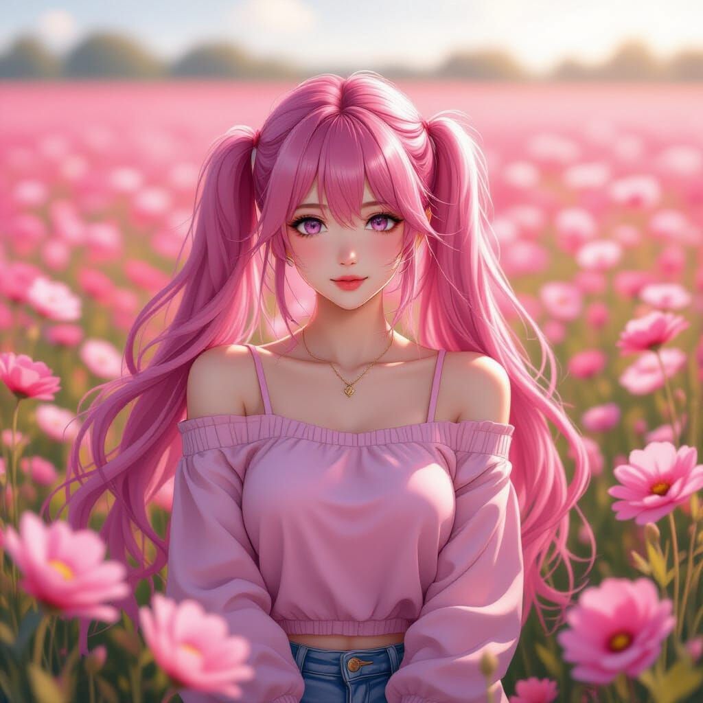 Pink Haired Woman in Pink Flowers, Anime Style Wallpaper