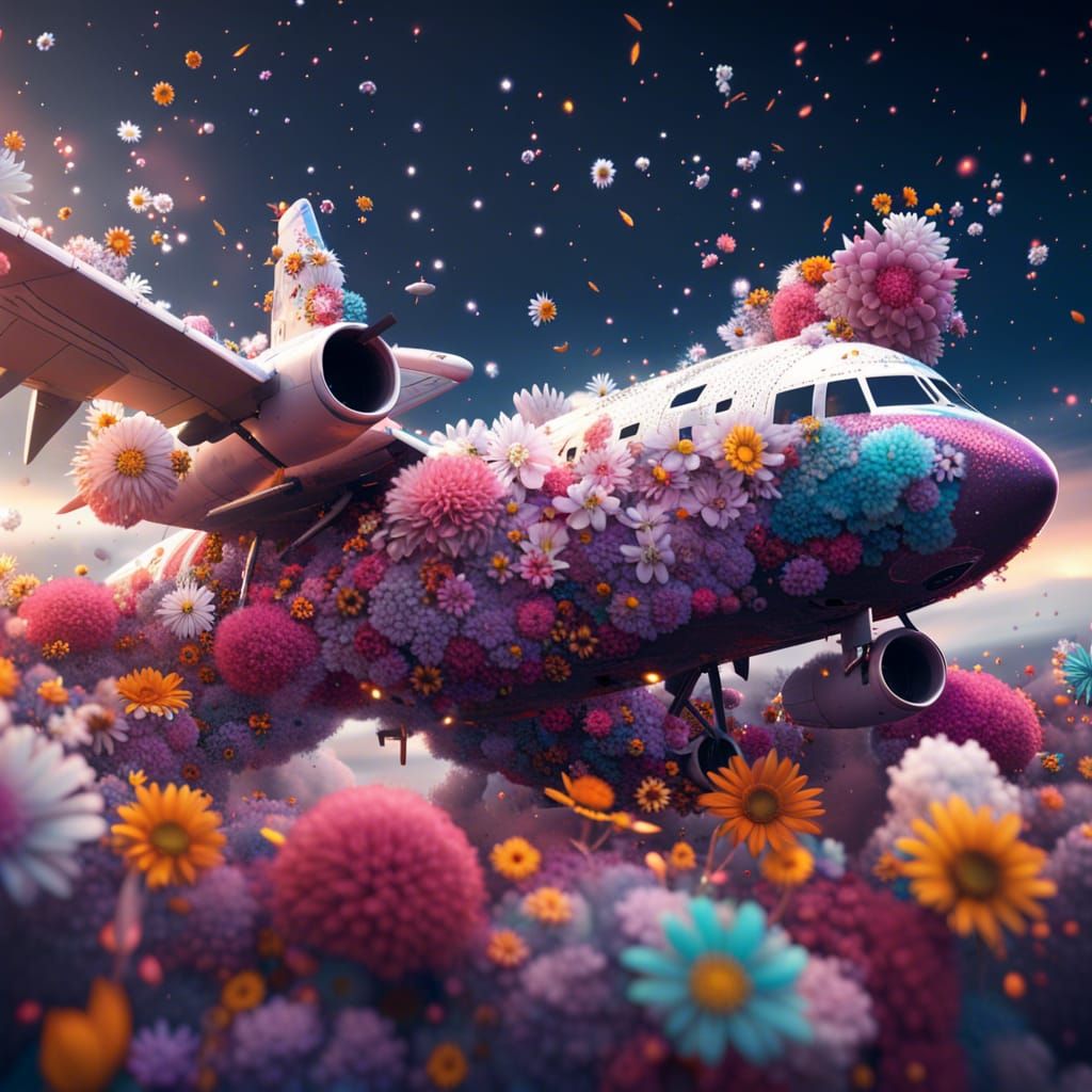 Floral Feathered Plane Soaring Through Galaxy