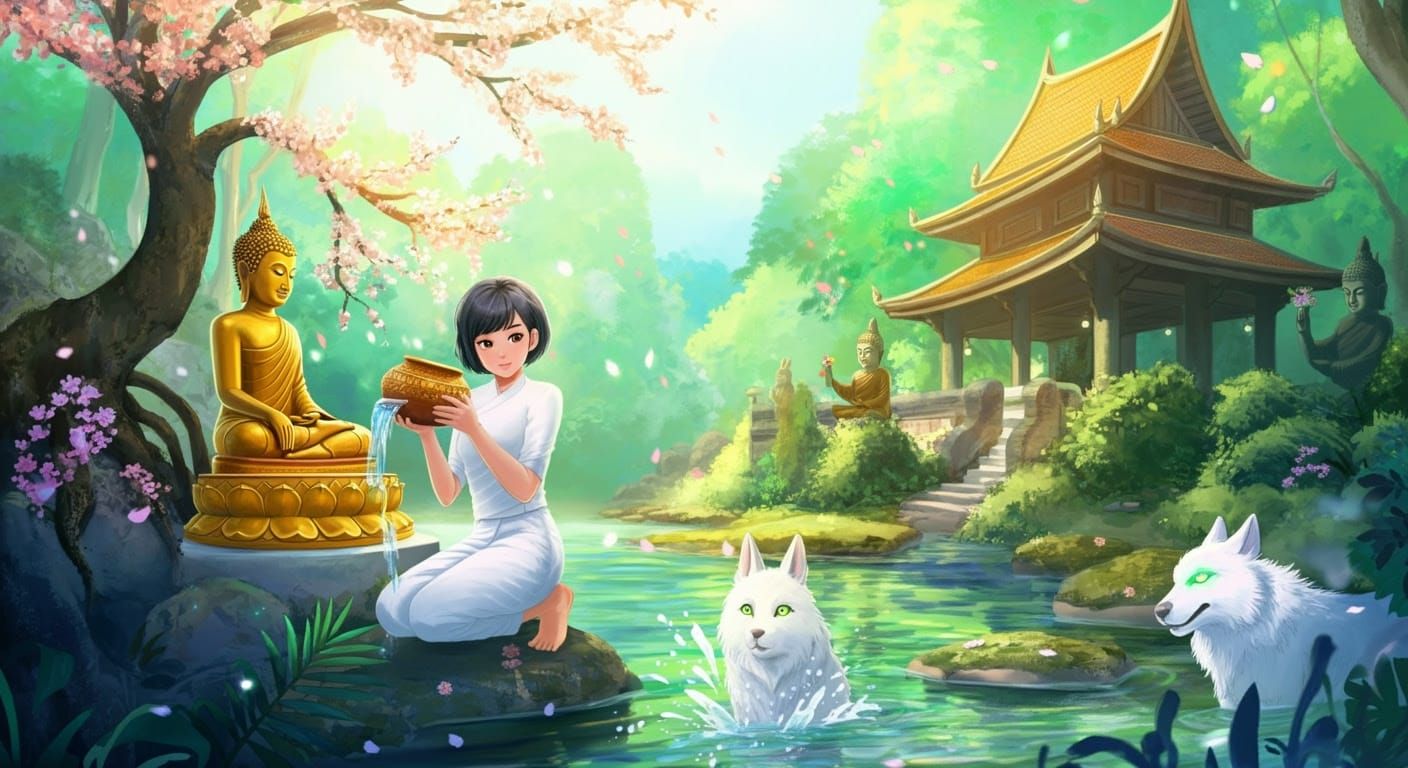 Wolfie and Moon with visit a Thai temple on Songkran (Thai N...