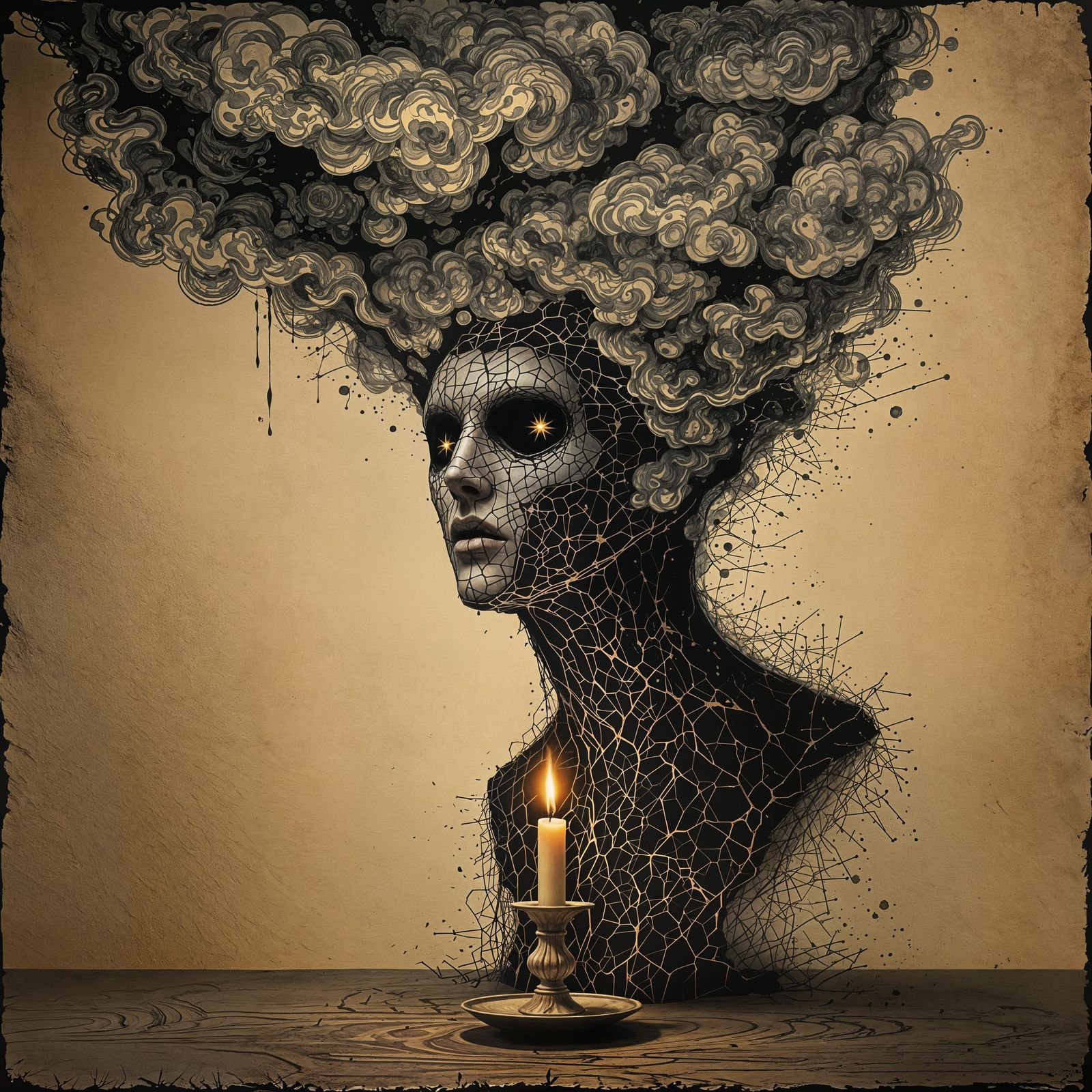 Surreal Masked Bust Unravels Under Candlelight