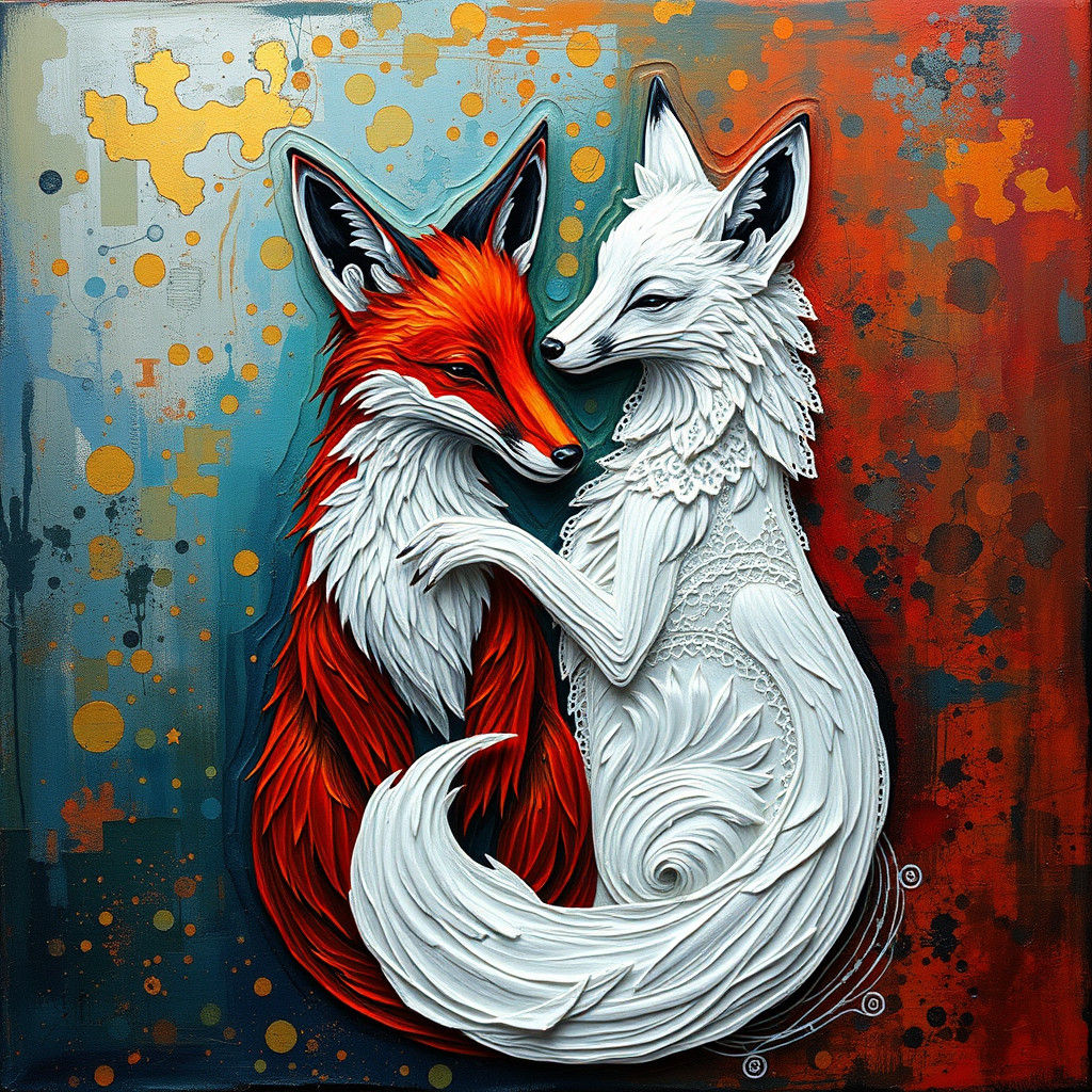 Surreal Foxes Unite in Vibrant Neo-Impressionist Harmony