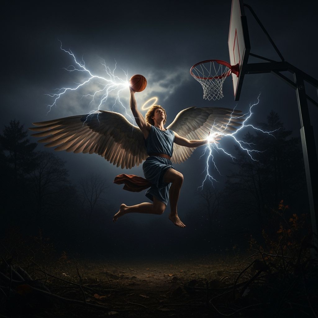 Three-Winged Angel Dunking Basketball with Lightning, Realis...