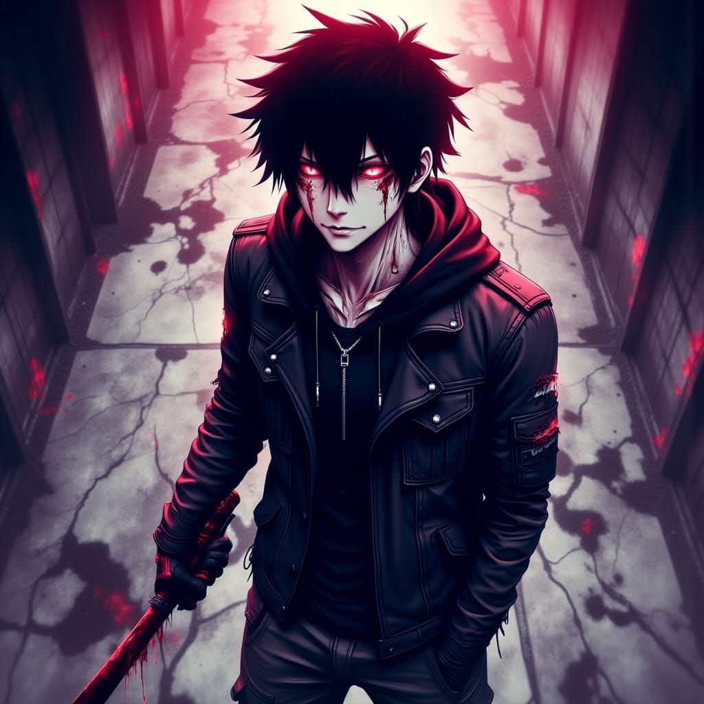 Anime Gang Leader with Neon Lighting, Gritty Style