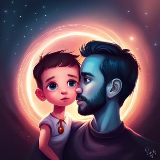 Father and Baby in Knitted Yarn Galaxy