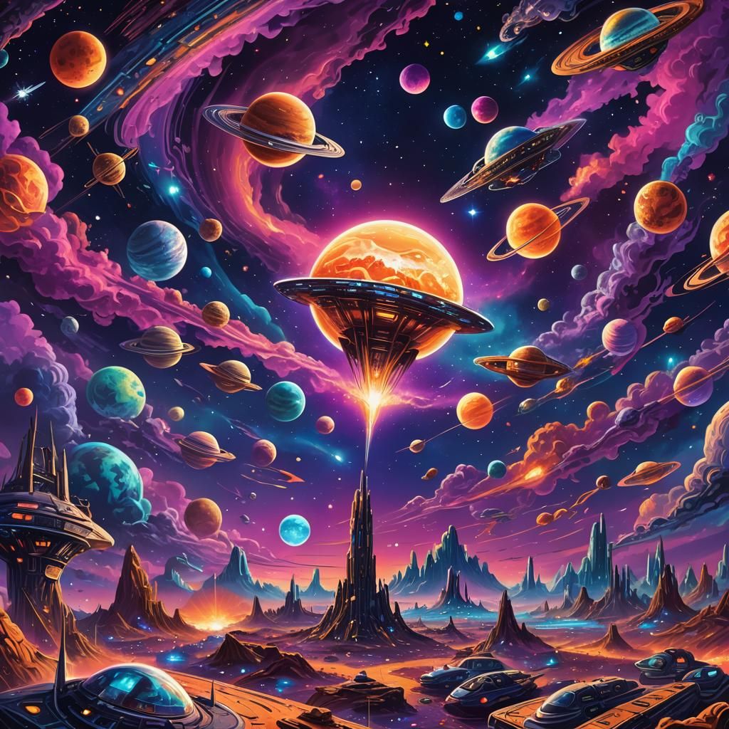 Cosmic Space Scene with Planets and Alien Spaceships