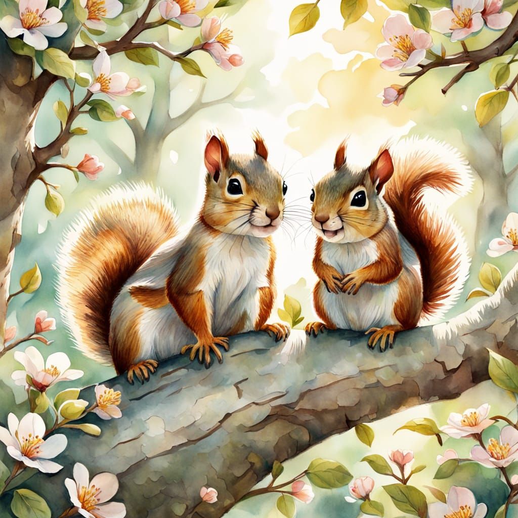 Whimsical Baby Squirrels in a Blooming Tree