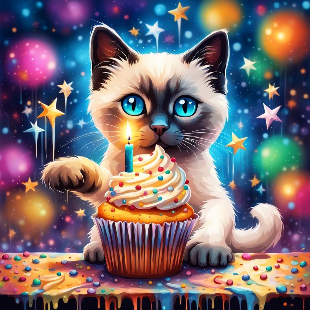 Two Kittens Share a Birthday Cupcake in Graffiti Style