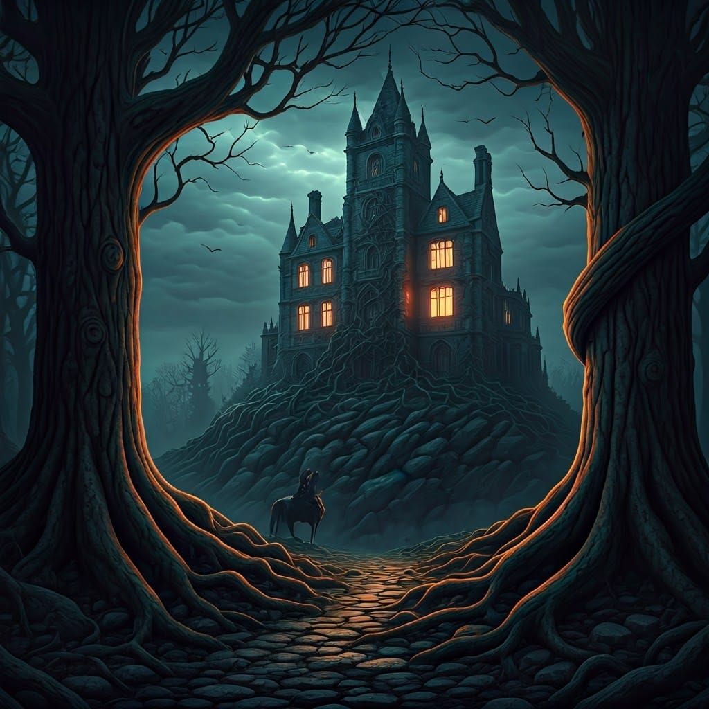 Ominous Gothic Manor in Storybook Landscape