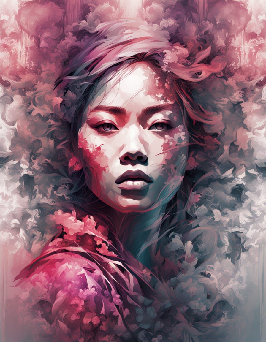 Asian Woman in Glitch Art Style Close-Up