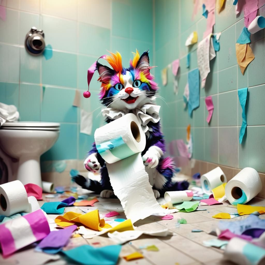 Playful Clown Cat with Toilet Paper in Digital Art