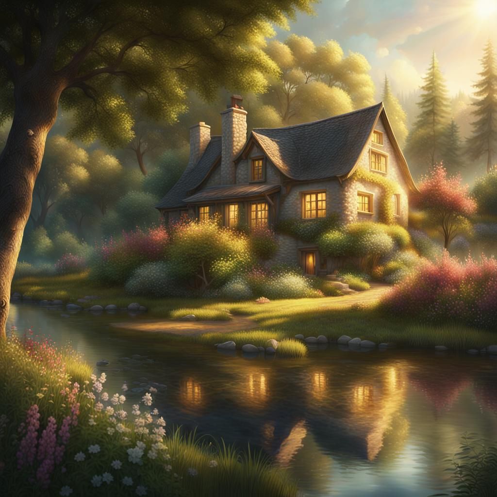 Serene Country Cottage Beside Winding Lake in Oil Painting S...