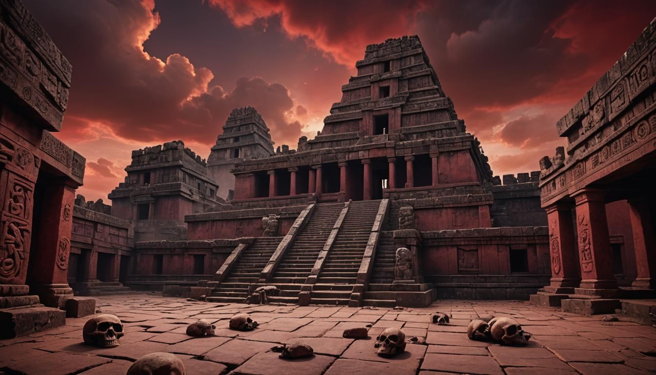 Dark Red Sky Ominous Aztec Temple in Ancient Mesoamerican St...