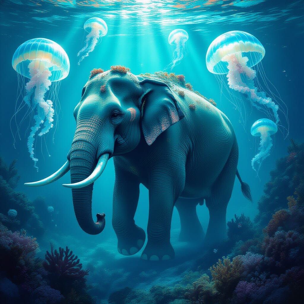 Ancient Elephant in Bioluminescent Underwater Forest
