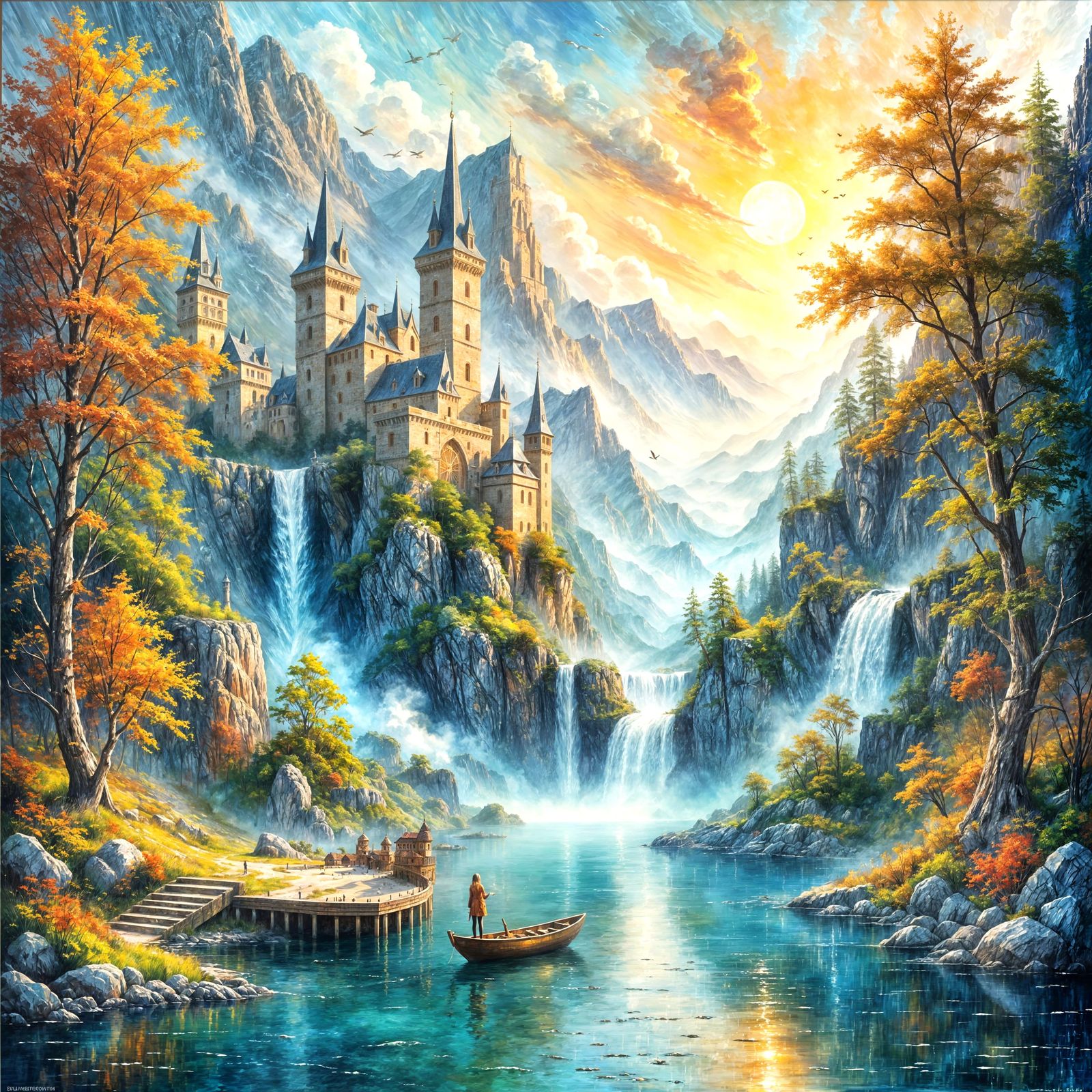 Majestic Castle in Autumn Landscape as Impasto Painting
