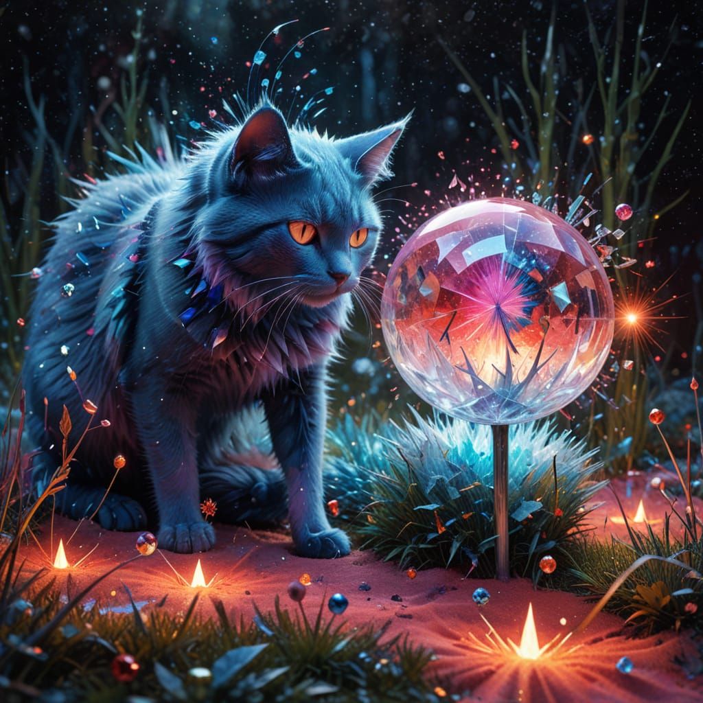Surreal Blue and Red Cats Gazing at Rainbow Globe