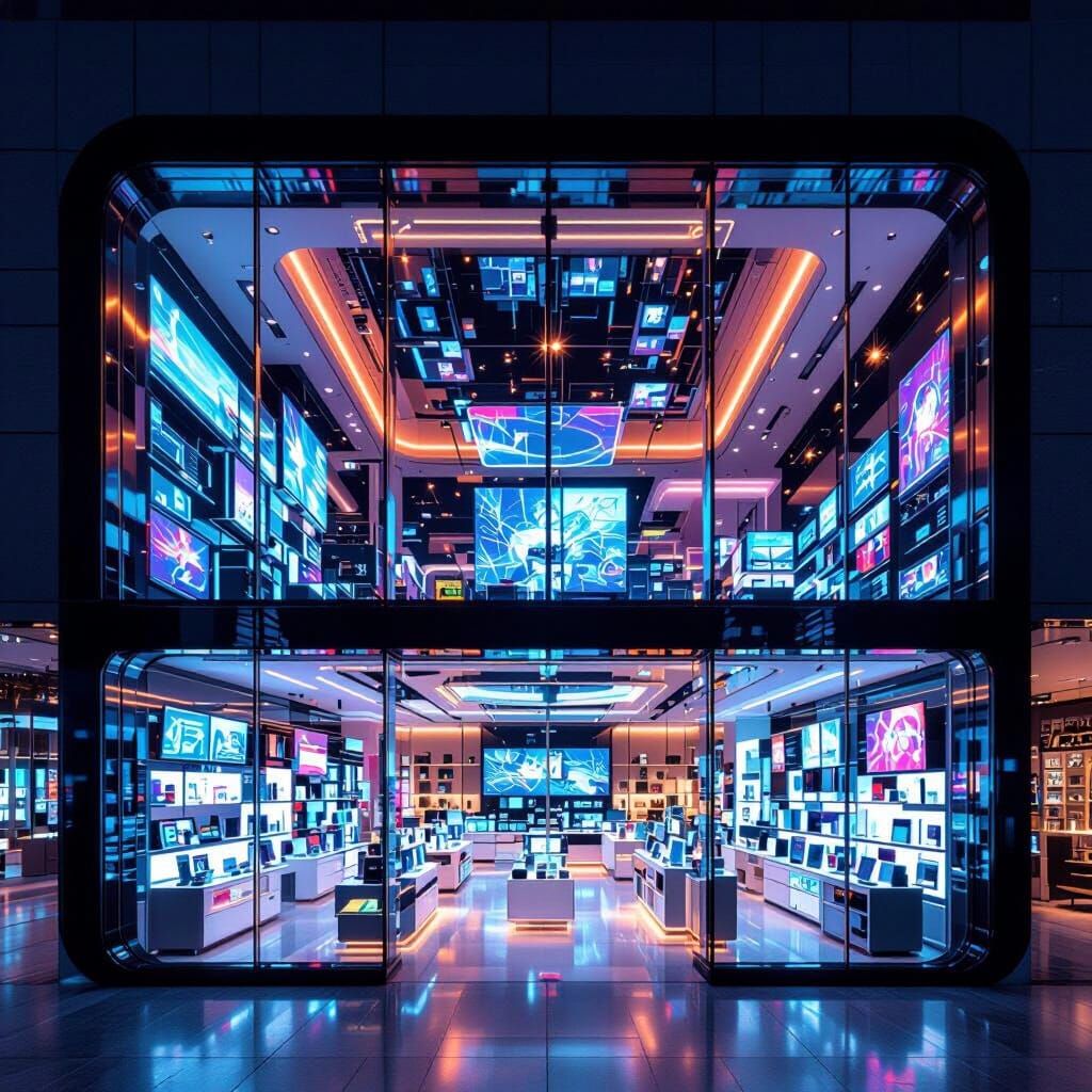 Futuristic Electronic Store with Glowing Gadgets