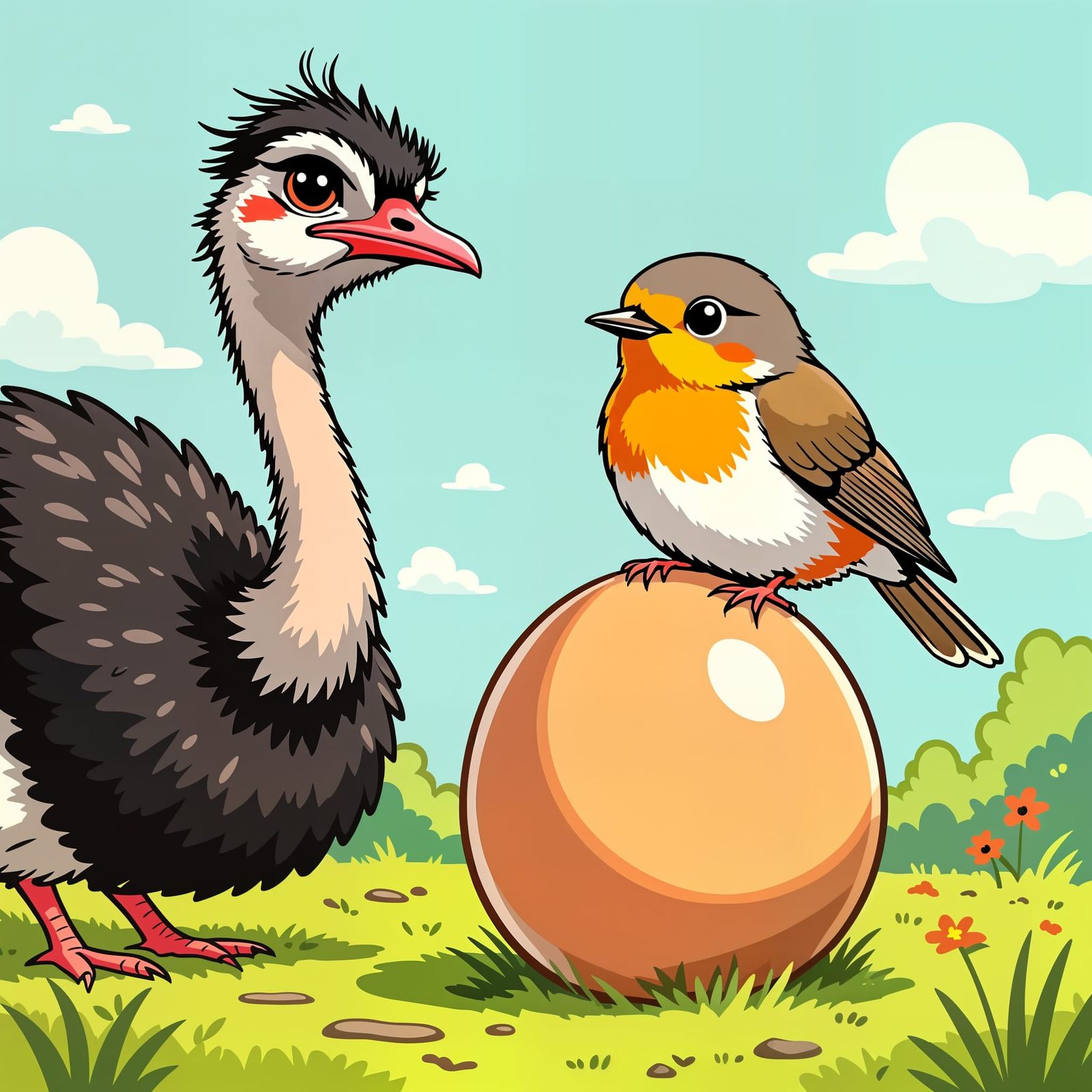 Robin Hatching Ostrich Egg in Watercolor Style