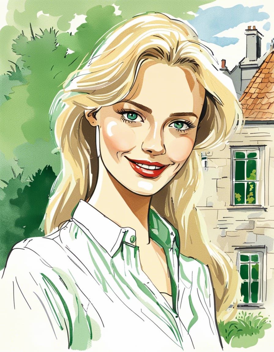 Beautiful Woman with Blonde Hair in Ligne Claire Style