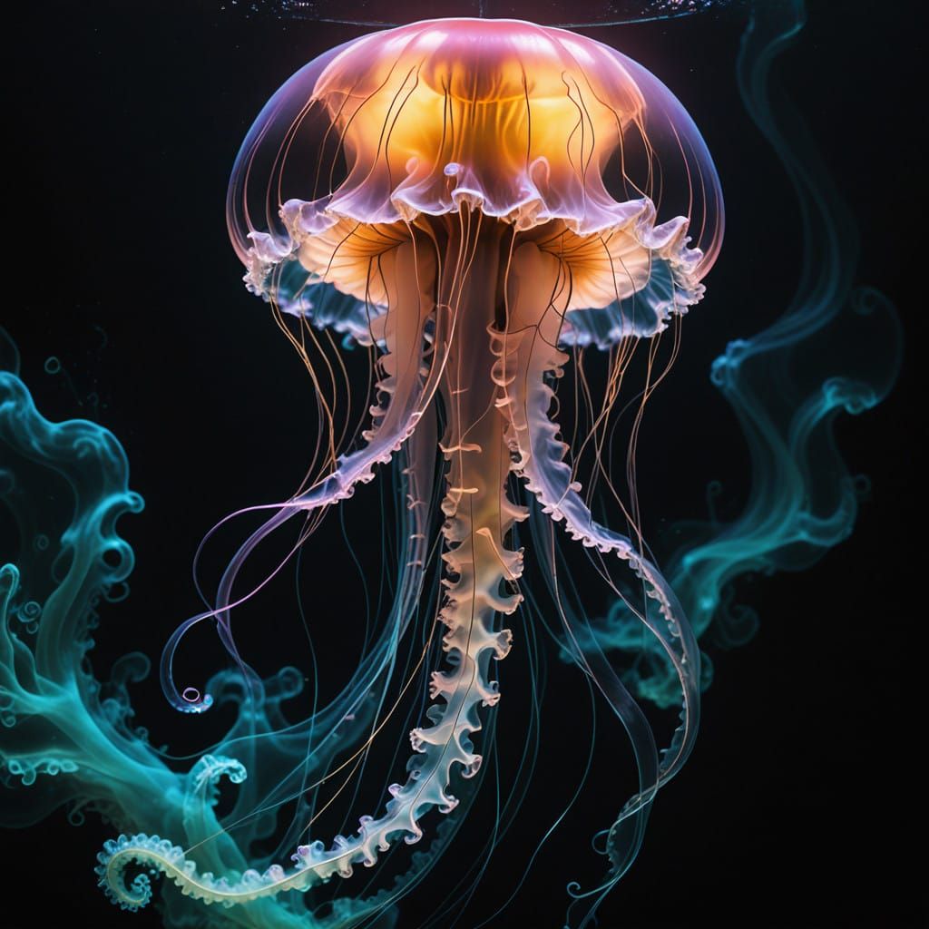 Iridescent Jellyfish Rises from Dreamlike Smoke