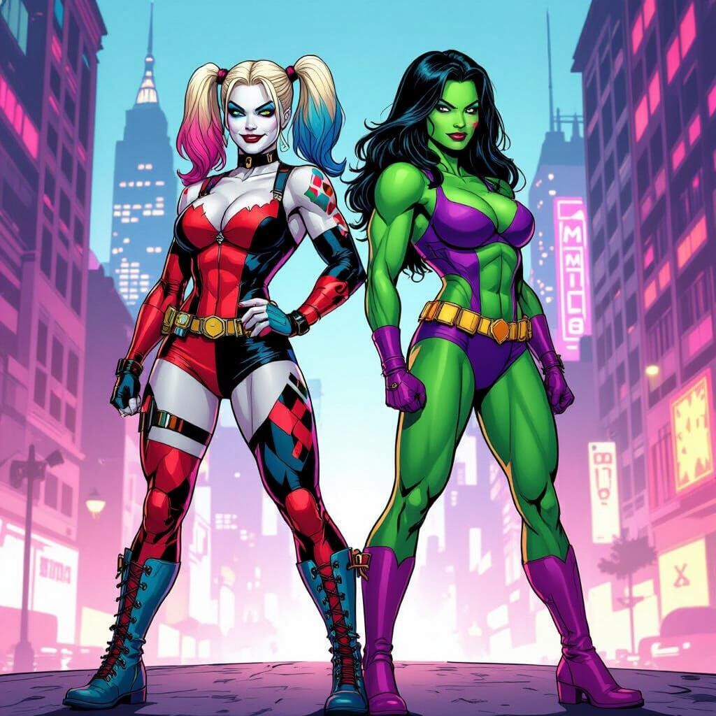 Muscular Harley Quinn and She-Hulk in Neon City