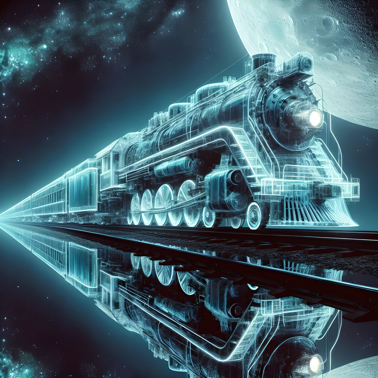 Ethereal Ghost Train in Lunarpunk Sci-Fi Landscape