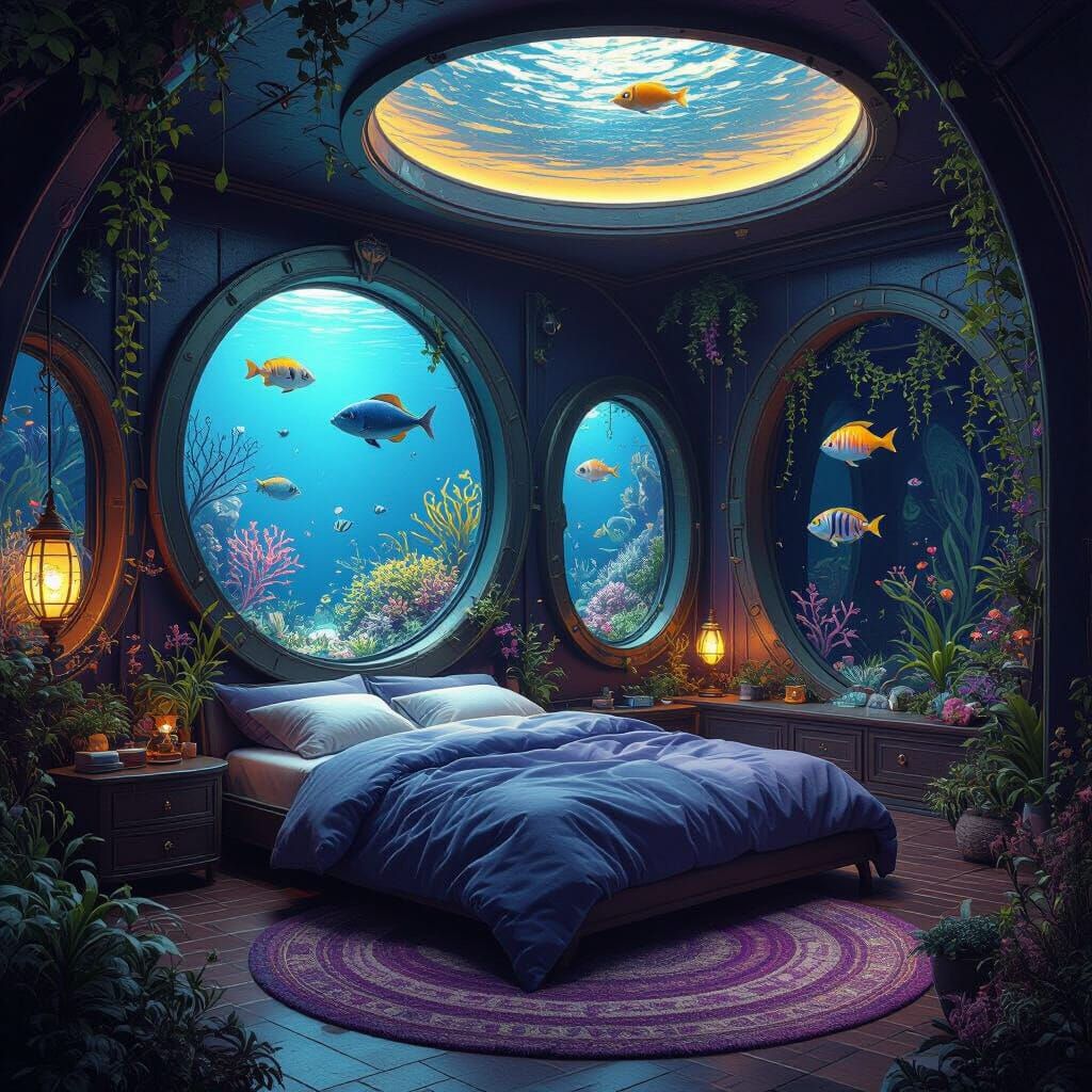 Underwater Bedroom with Sea Portals in Dark Fantasy Style