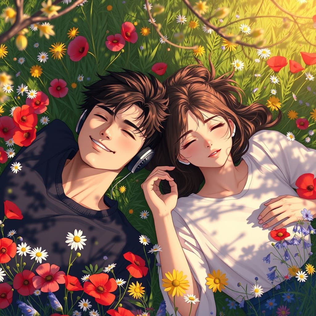 Anime Couple Relaxing in Flower Meadow