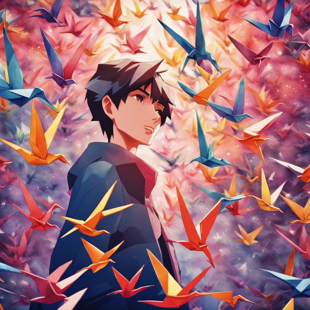 Anime Origami Cranes in Flight with Watercolor Background