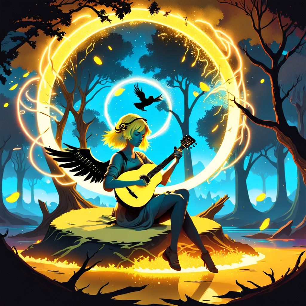 Woman with Lute in Neon Landscape Painting