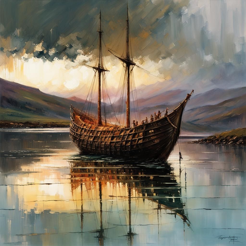 Highland Galley Reflecting at Sunset: Impasto Painting