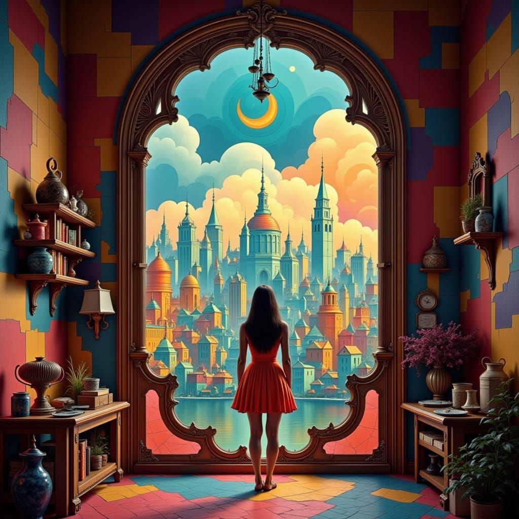 Surreal Cityscape Through Ornate Window