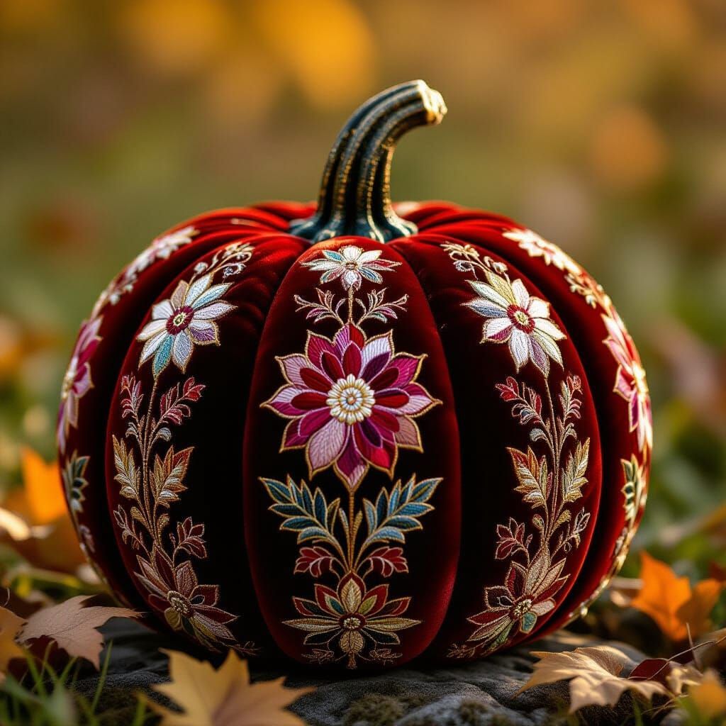 Velvet Patched Pumpkin in Warm Autumn Light