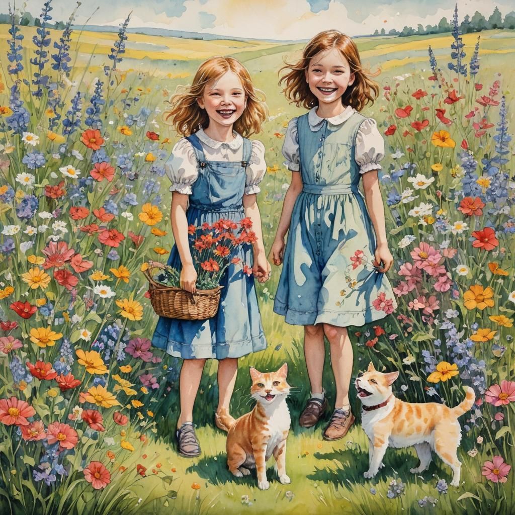 Girl with Cat and Dog in Fantasy Watercolor